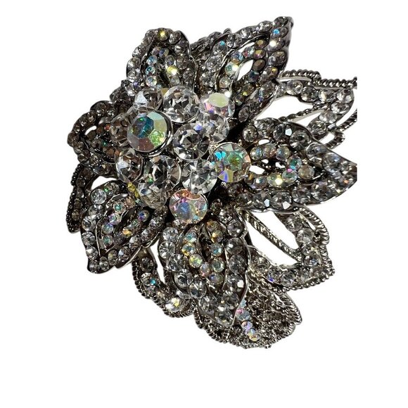 Vtg Aurora Borealis Rhinestone Flower Hair Paris Clip Crystal Filigree Barrette - Picture 1 of 8